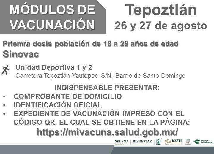 A partir de hoy, se vacuna a los de 18 - 29 años en Tepoztlán