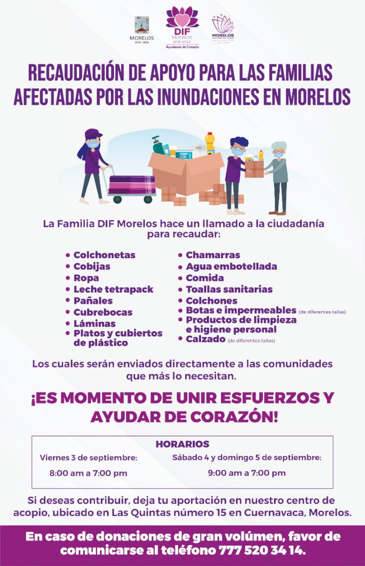 Abre DIF Morelos centro de acopio por familias afectadas por las lluvias