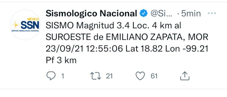 Saldo blanco tras el sismo registrado hoy en Emiliano Zapata
