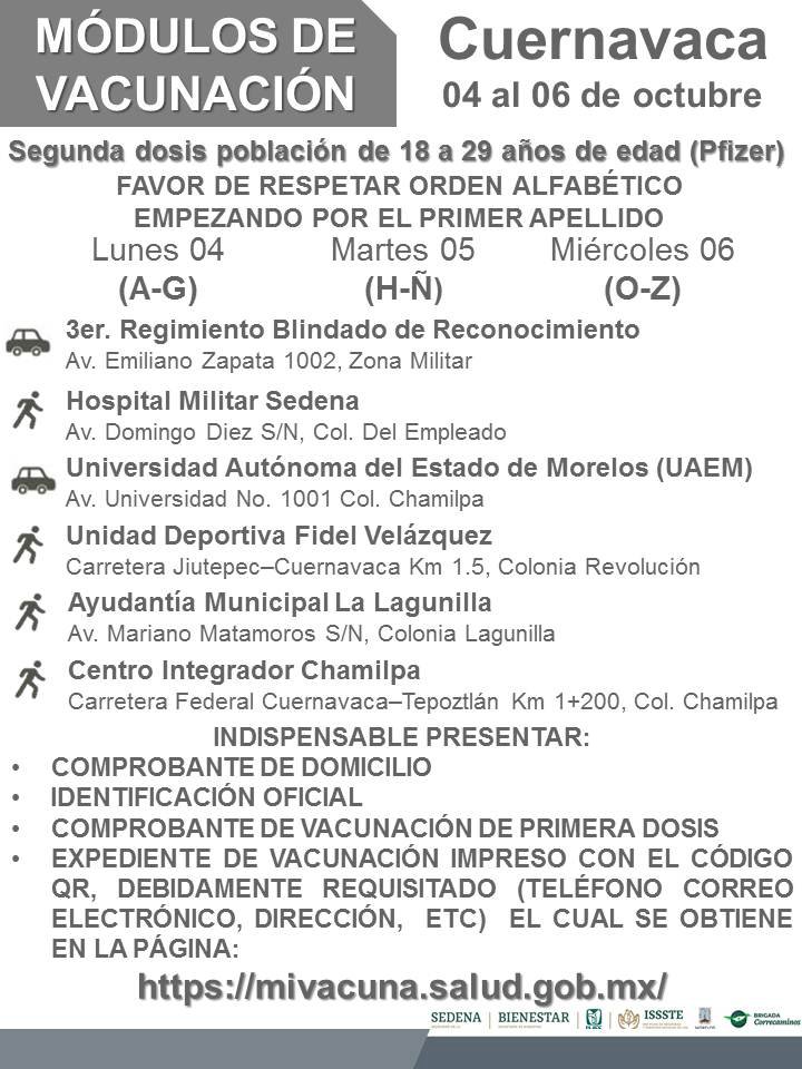 A partir del lunes, 2as dosis de vacuna anticovid en Cuernavaca a los de 18-29 años