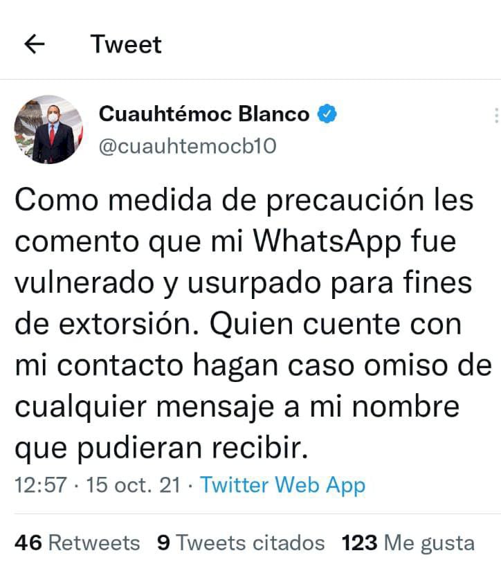 Alguien usurpa la cuenta de WhatsApp de Cuauhtémoc Blanco