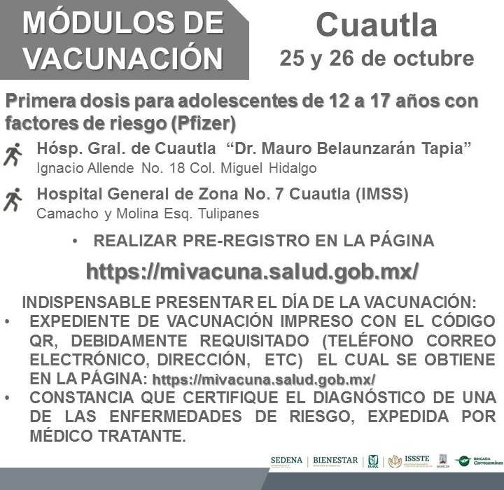 Continúa inmunización contra covid a menores con comorbilidades en 4 municipios