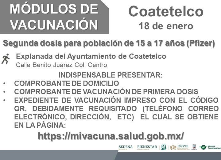 Hoy, refuerzo anticovid a los de 50-59 y de 60 y más en Coatetelco, Amacuzac  y Hueyapan
