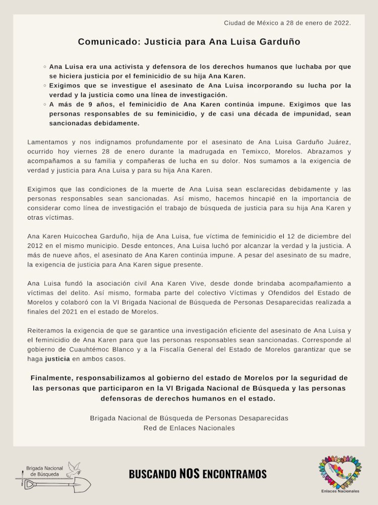 Brigada Nacional exige que se siga el activismo de Ana Luisa como línea de investigación