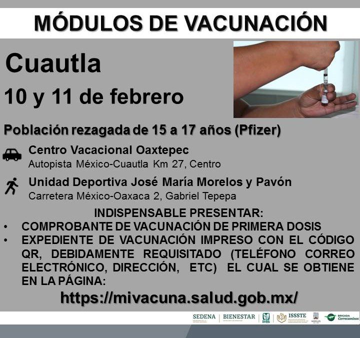 Anuncian refuerzo de vacuna para los de 40-59 en Cuernavaca y Cuautla