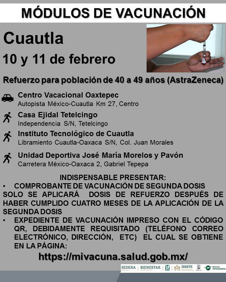 Anuncian refuerzo de vacuna para los de 40-59 en Cuernavaca y Cuautla