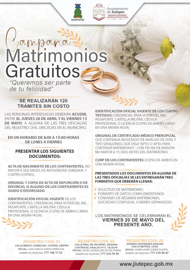 Nuevamente, Jiutepec respaldará a parejas con matrimonios gratuitos
