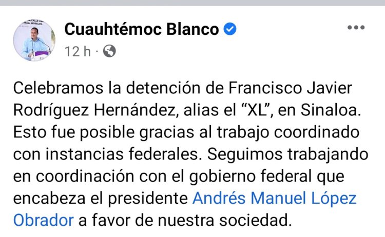 Destaca Cuauhtémoc Blanco relevancia de detención de «El Señorón»