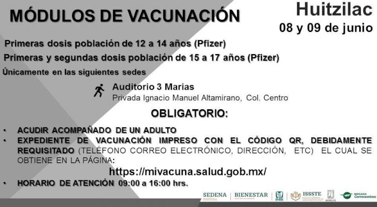 En 8 municipios, continúa hoy vacunación anticovid a los de 12-14