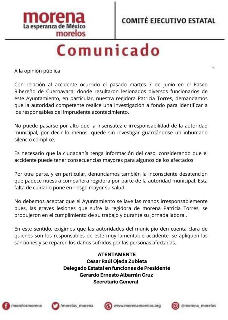 Exige Morena al gobierno de Cuernavaca informe quienes son los responsables del accidente en el puente colgante