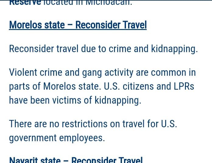 Por crimen y secuestro, reconsidere viajar a Morelos: Dpto. de Estado, EU