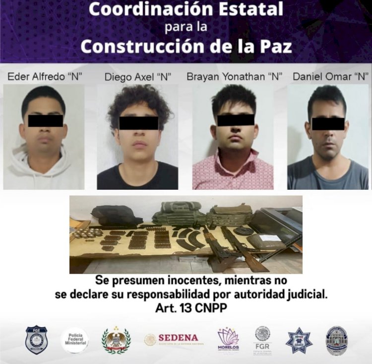 Detiene mando coordinado policía Morelos a 4 hombres por violación a la ley federal de armas de fuego y explosivos